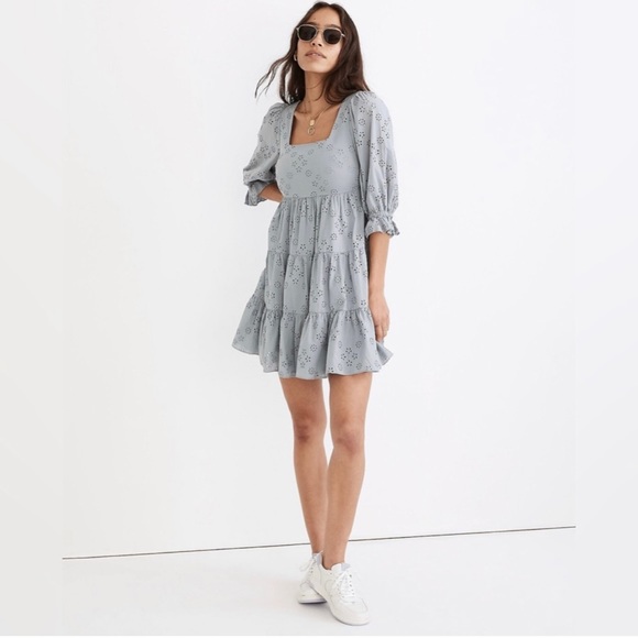 Madewell Dresses & Skirts - Madewell Eyelet Lizzie Babydoll Dress Tiered Puff Sleeves Square Neck Size 6